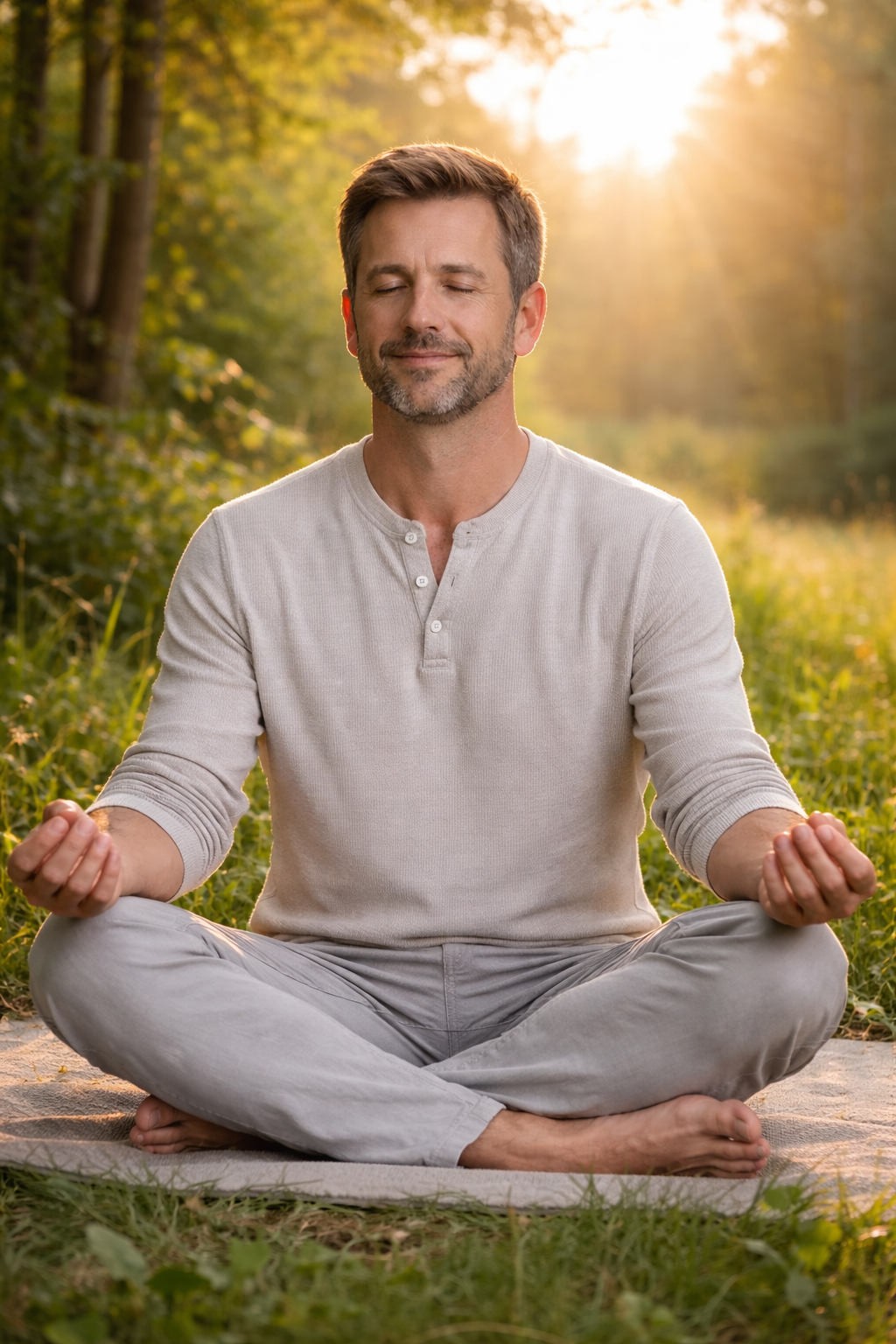 Een man mediteert buiten met gesloten ogen, een ontspannen, rustige gezichtsuitdrukking, handen in de schoot, in een serene natuurlijke omgeving , in het zonlicht. Meditatiehouding is symbool voor holisme: balans tussen fysiek, mentaal, sociaal-emotioneel en spiritueel welzijn.