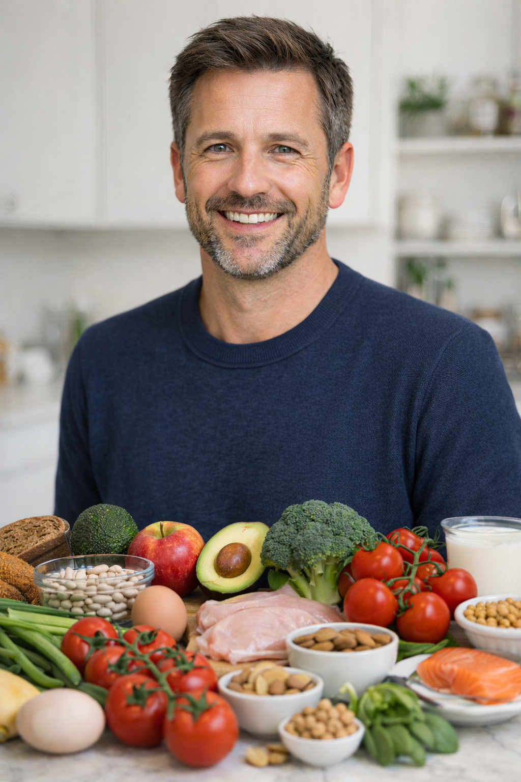 Een man glimlacht achter een tafel vol pure en gezonde producten: groenten, fruit, peulvruchten, noten, volkoren graanproducten, ei, vis, kip, zuivel. Voeding mooi op tafel, in een lichte en gezonde omgeving — alsof hij bewust bezig is met voeding.
