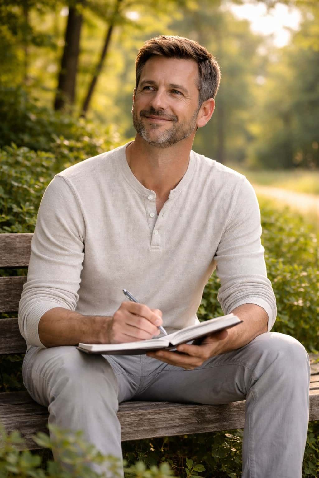 Een man schrijft in een notitieboekje en zit glimlachend op een parkbankje.