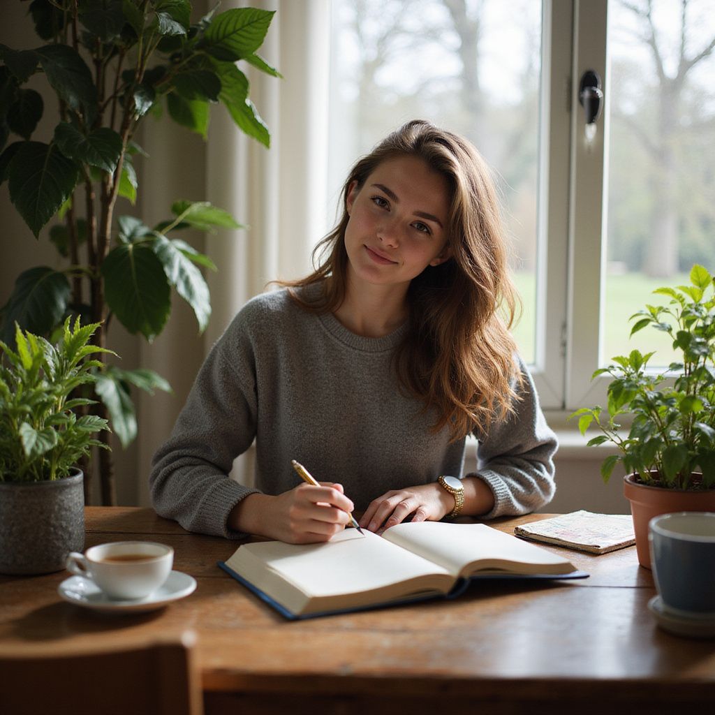 Een vrouw schrijft in een notitieboekje aan een houten tafel, met planten, een kop thee en een raam op de achtergrond.