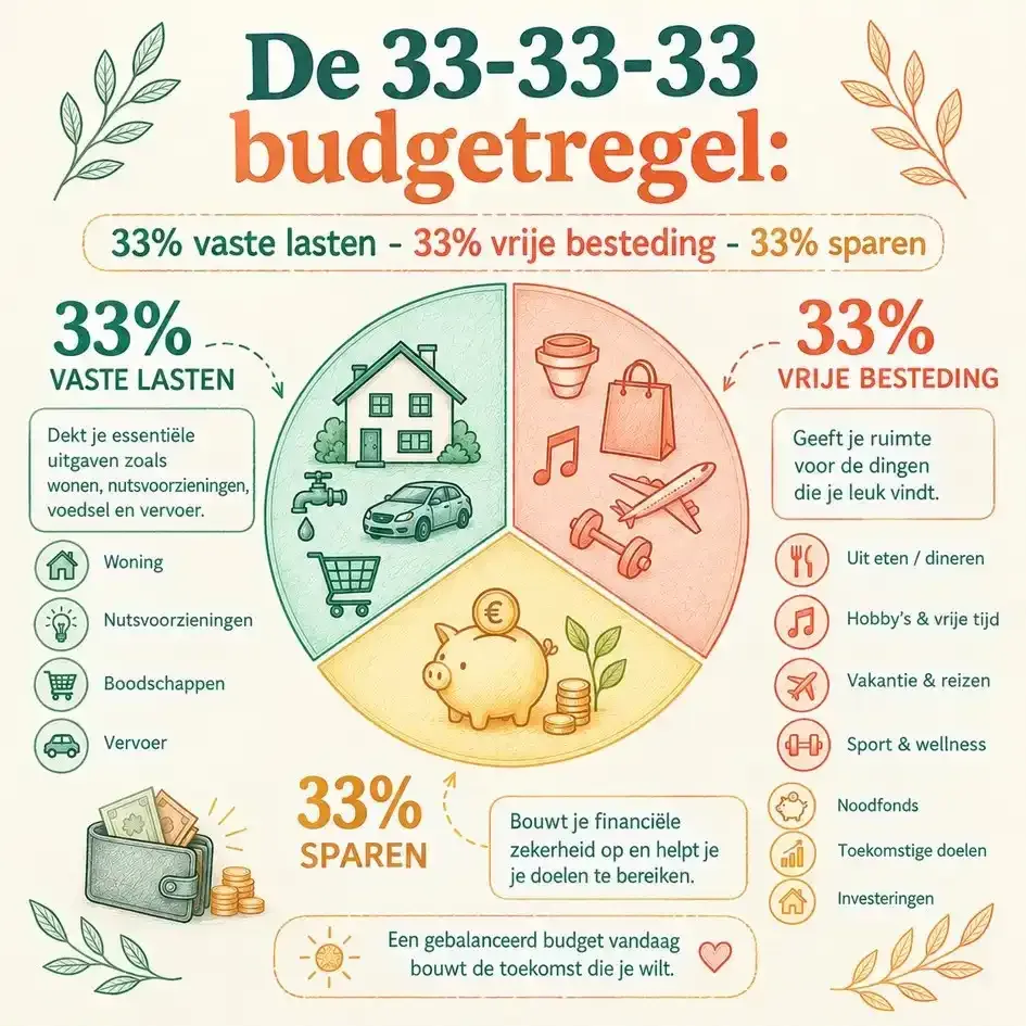 33-33-33 budgetregel voor vaste lasten, vrije besteding en sparen.