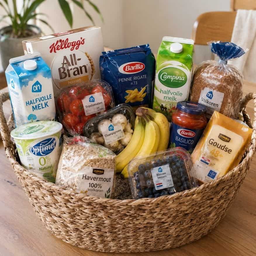 Winkelmandje met A-merken en budgetmerken naast elkaar in een mandje