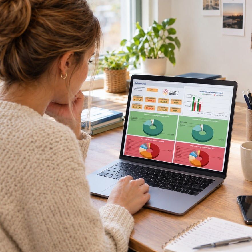 Student rekent met laptop het maandbudget uit, in het Geldoverzicht van Lifestyle Habits