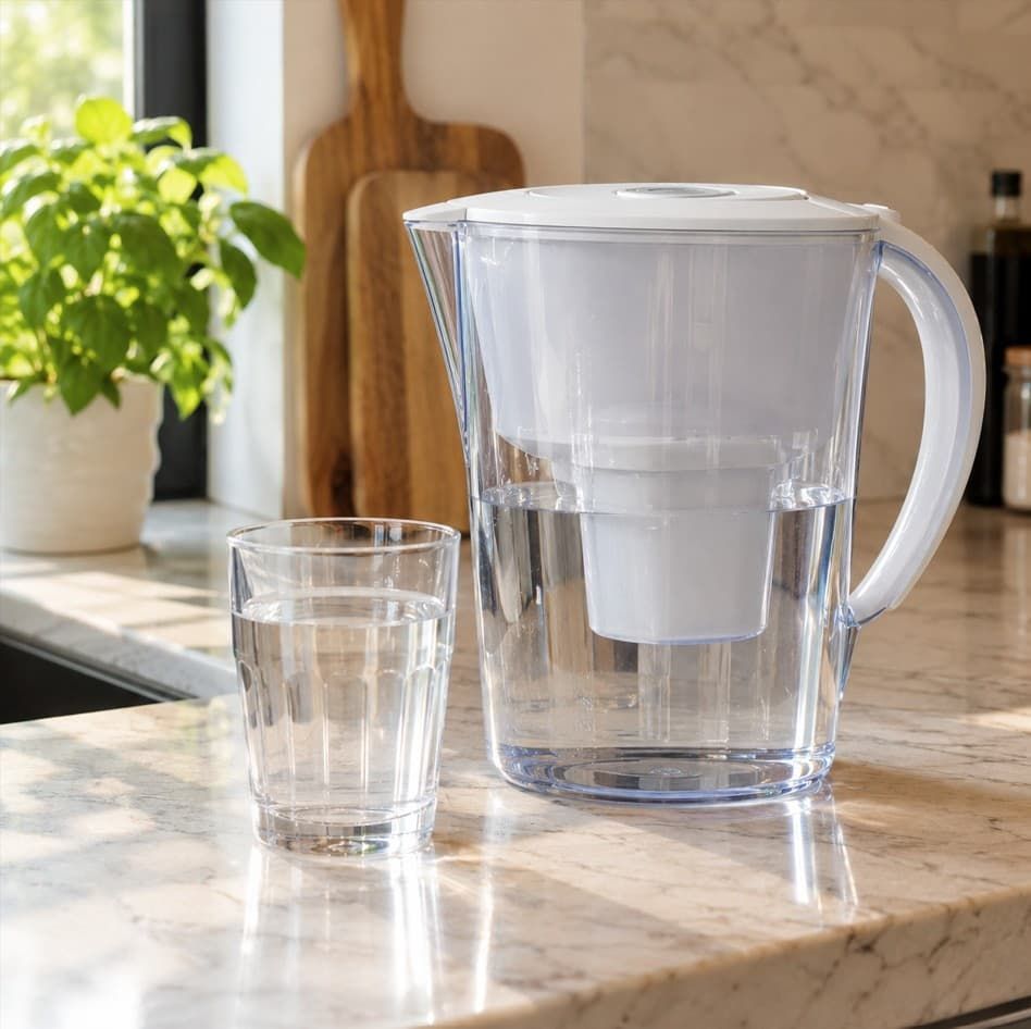Glas kraanwater naast een waterfilterkan op een aanrecht