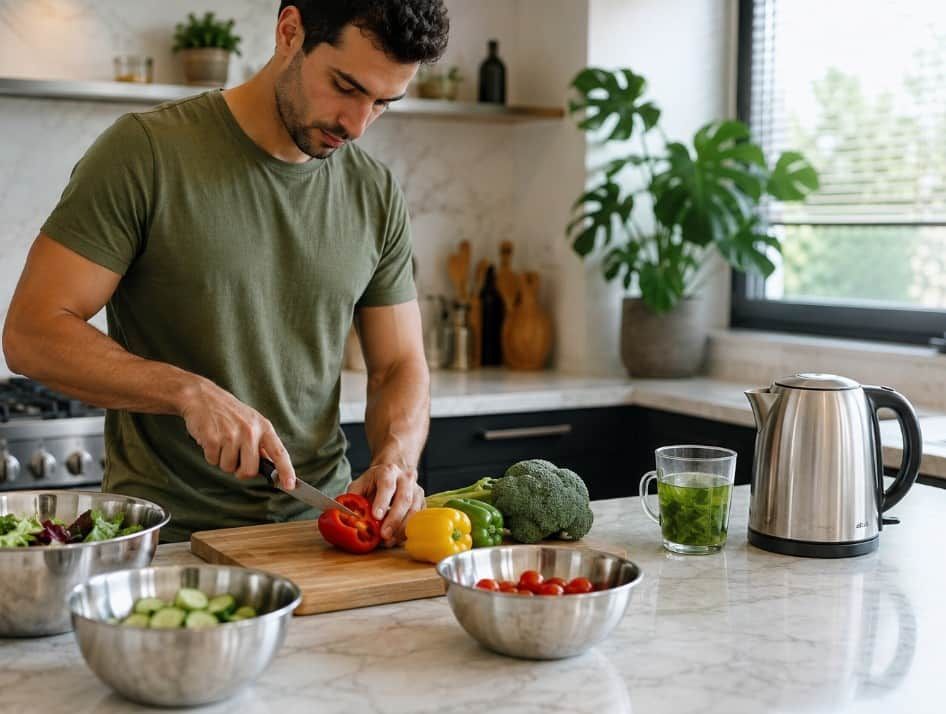 Man kookt bewust in de keuken zonder plastic, symbool voor minder microplastics in de keuken