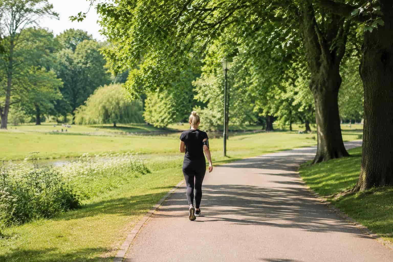 Vrouw loopt stevig door een park op een zonnige dag. Gezonde dagelijkse wandelgewoonte
