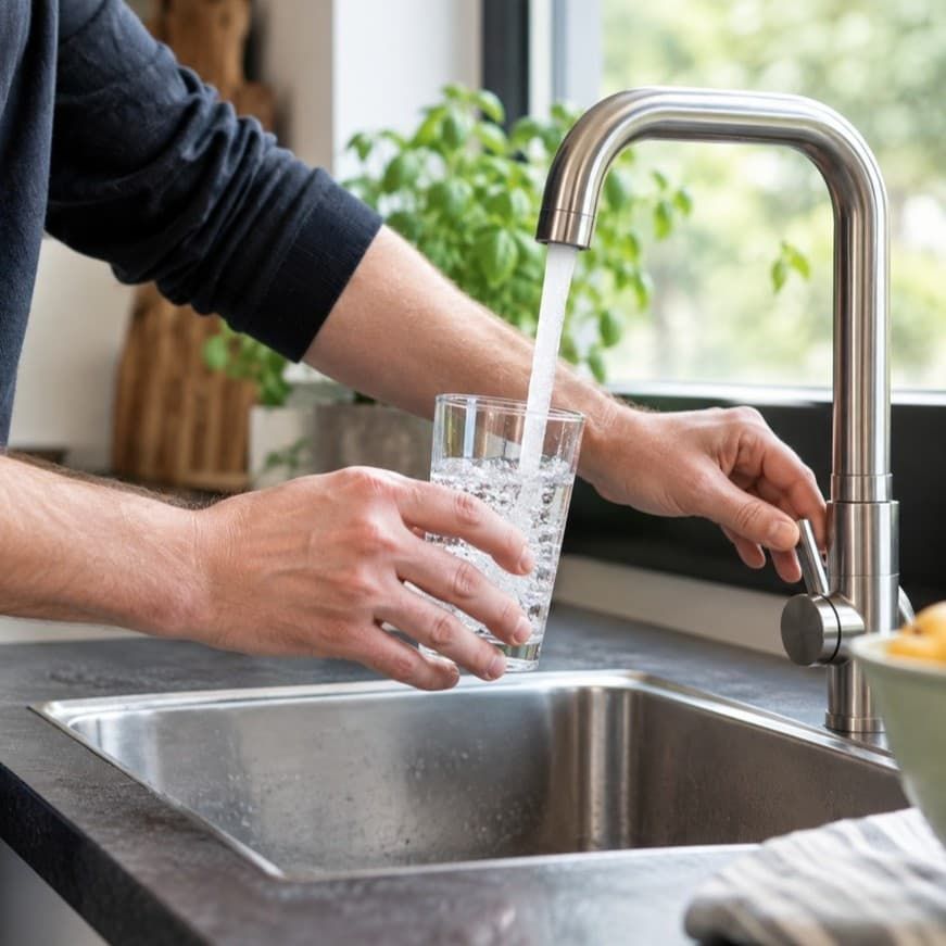 Man tapt kraanwater in een glas, symbool voor de vraag of PFAS in drinkwater een risico vormt