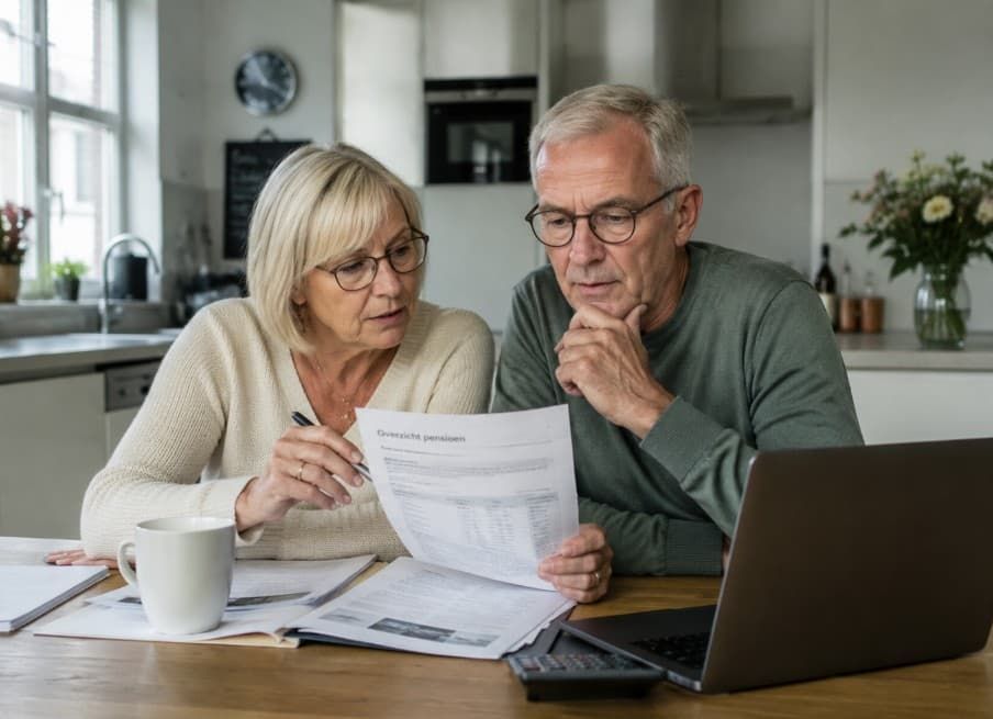 Gepensioneerd koppel bespreekt financiën aan keukentafel met laptop en pensioendocumenten