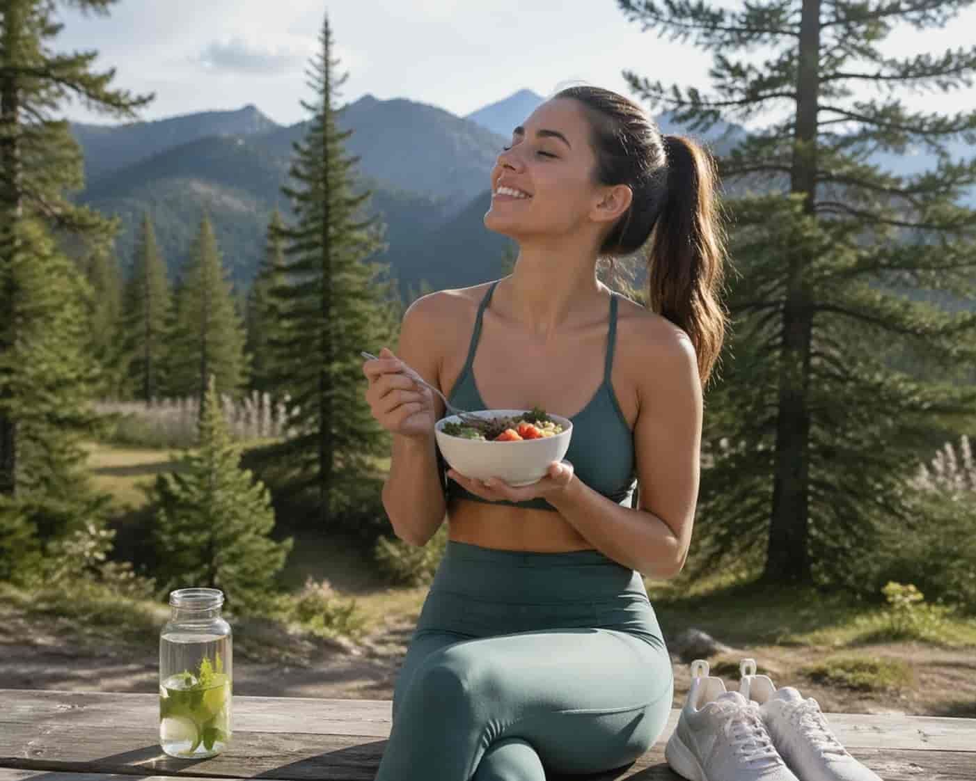 Vrouw geniet van gezonde levensstijl buiten in de natuur met gezond eten en beweging.