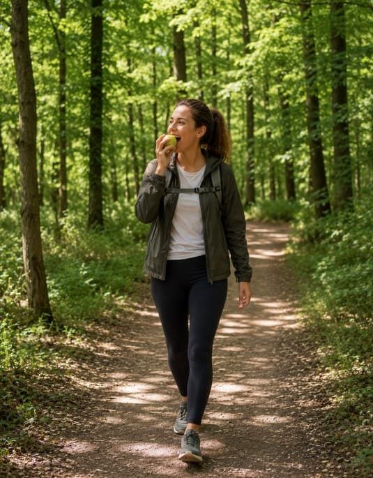 Vrouw wandelt ontspannen door de bossen en eet een appel 