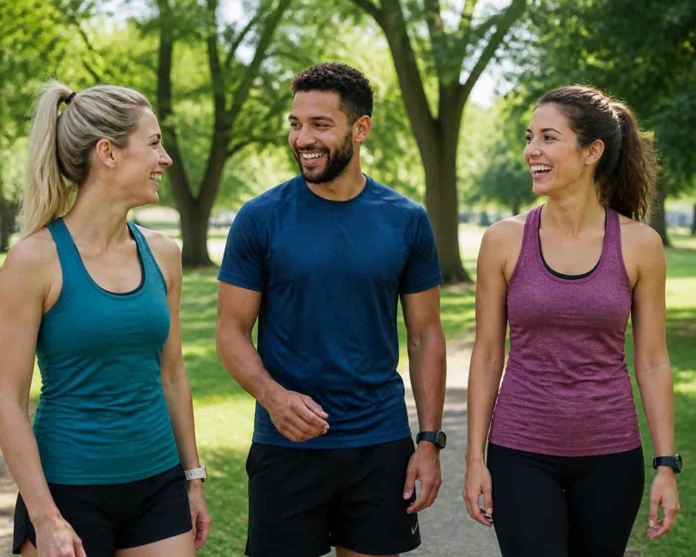Drie mensen in sportkleding buiten in een park, lachend samen - gezonde leefstijl en sociale verbind