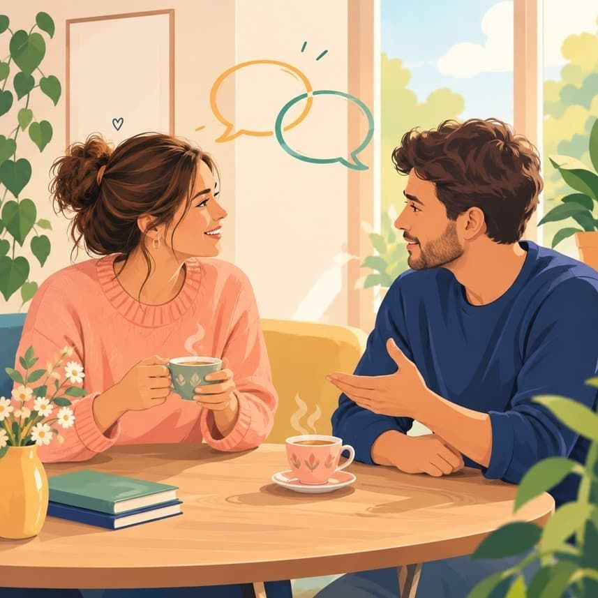 Two people conversing at a table over a cup of tea—calm and open—symbolizing a mild mania.