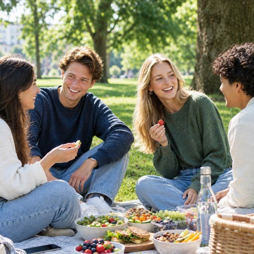 Jongvolwassenen komen samen op een picknickkleed in een park
