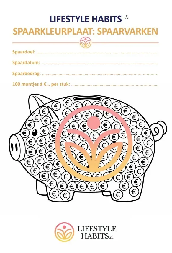 Spaarkleurplaten - spaarkleurplaat: bereik je spaardoel. Kleurplaat: presentatie. Lifestyle Habits