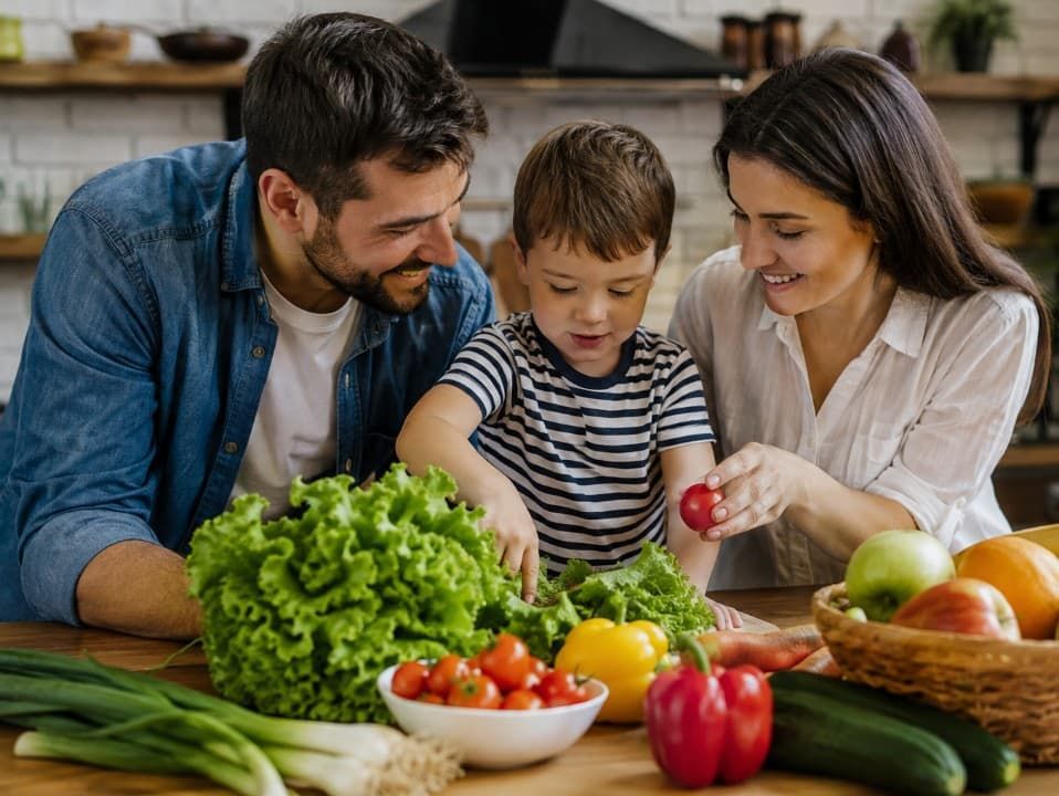 Verse groente en fruit op een houten tafel, met een gezin. Lifestyle Habits