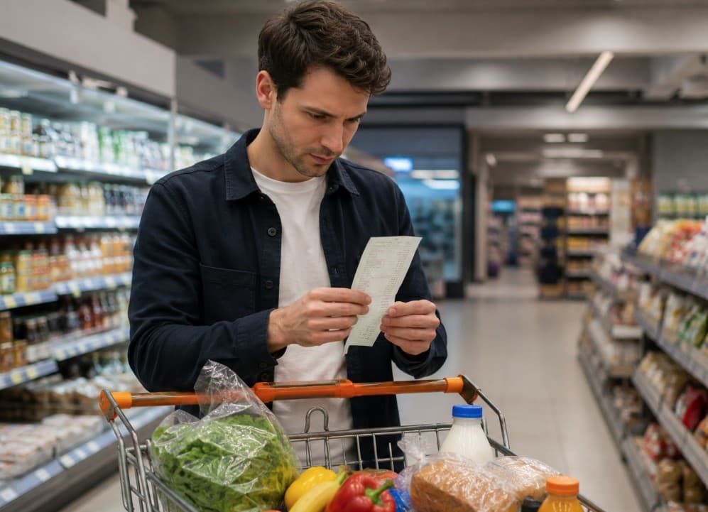 Persoon die boodschappen in de supermarkt doet en kassabon bekijkt.