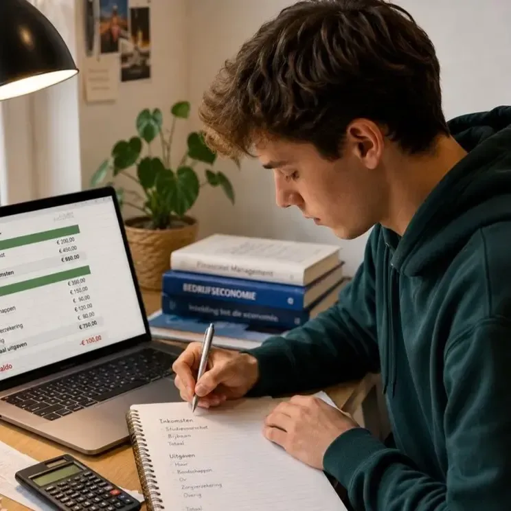 Student maakt financieel overzicht van inkomsten en uitgaven, om studieschuld te voorkomen