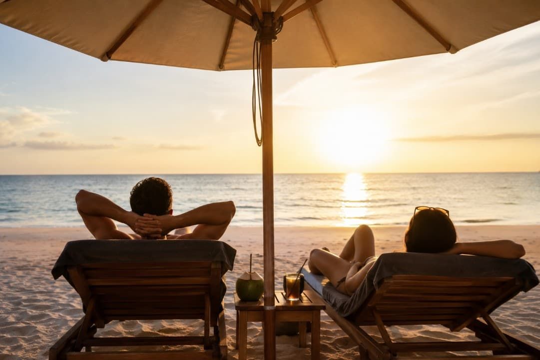 Stel op vakantie, aan de kust, in de zon, onder parasol
