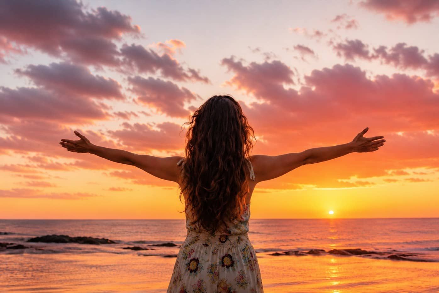 Vrouw met uitgestrekte armen, kijkend naar de zonsondergang boven de oceaan.