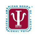 American Board of Professional Psychology logo: red square with white psi symbol; blue text,