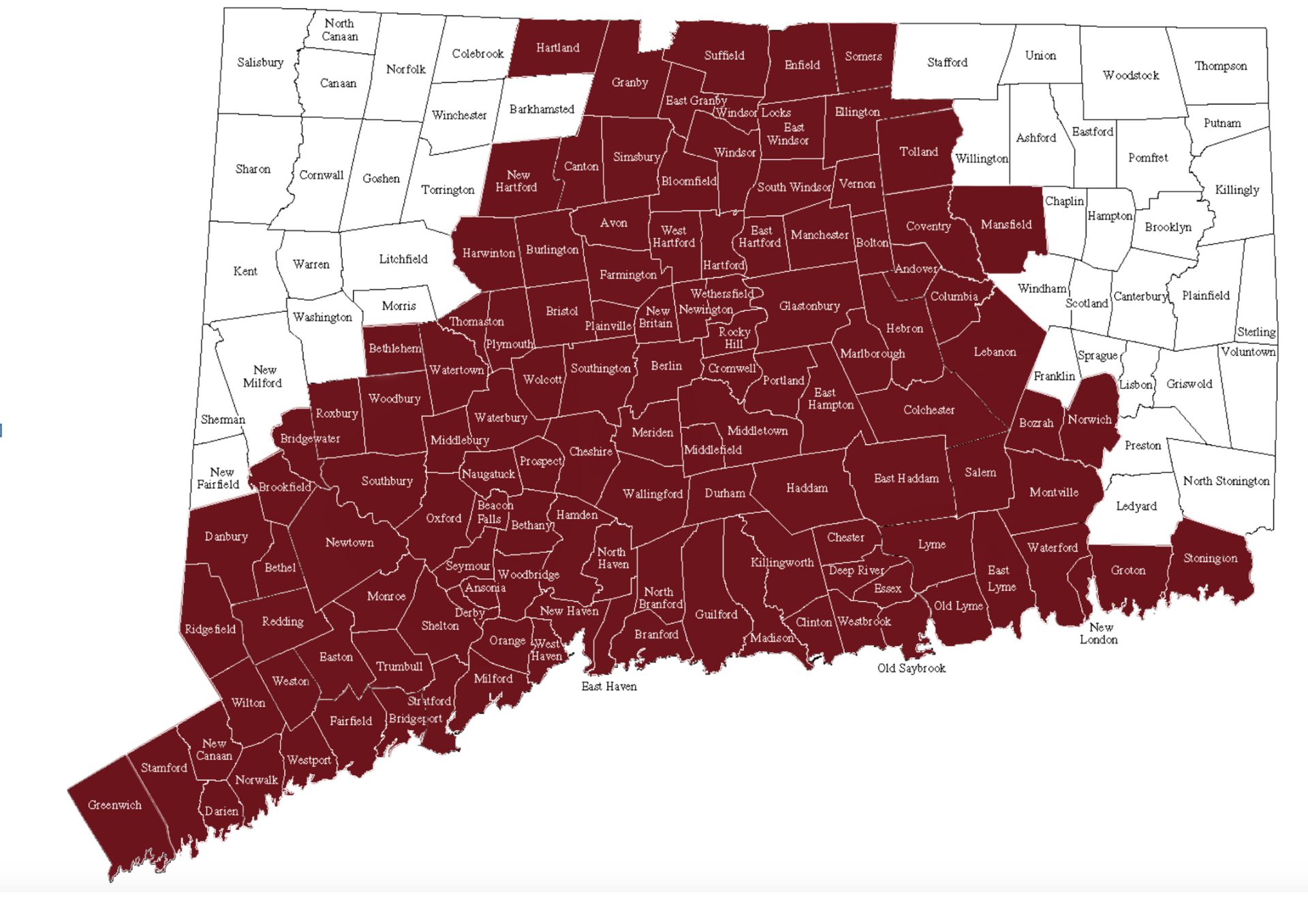A red and white map of the state of connecticut