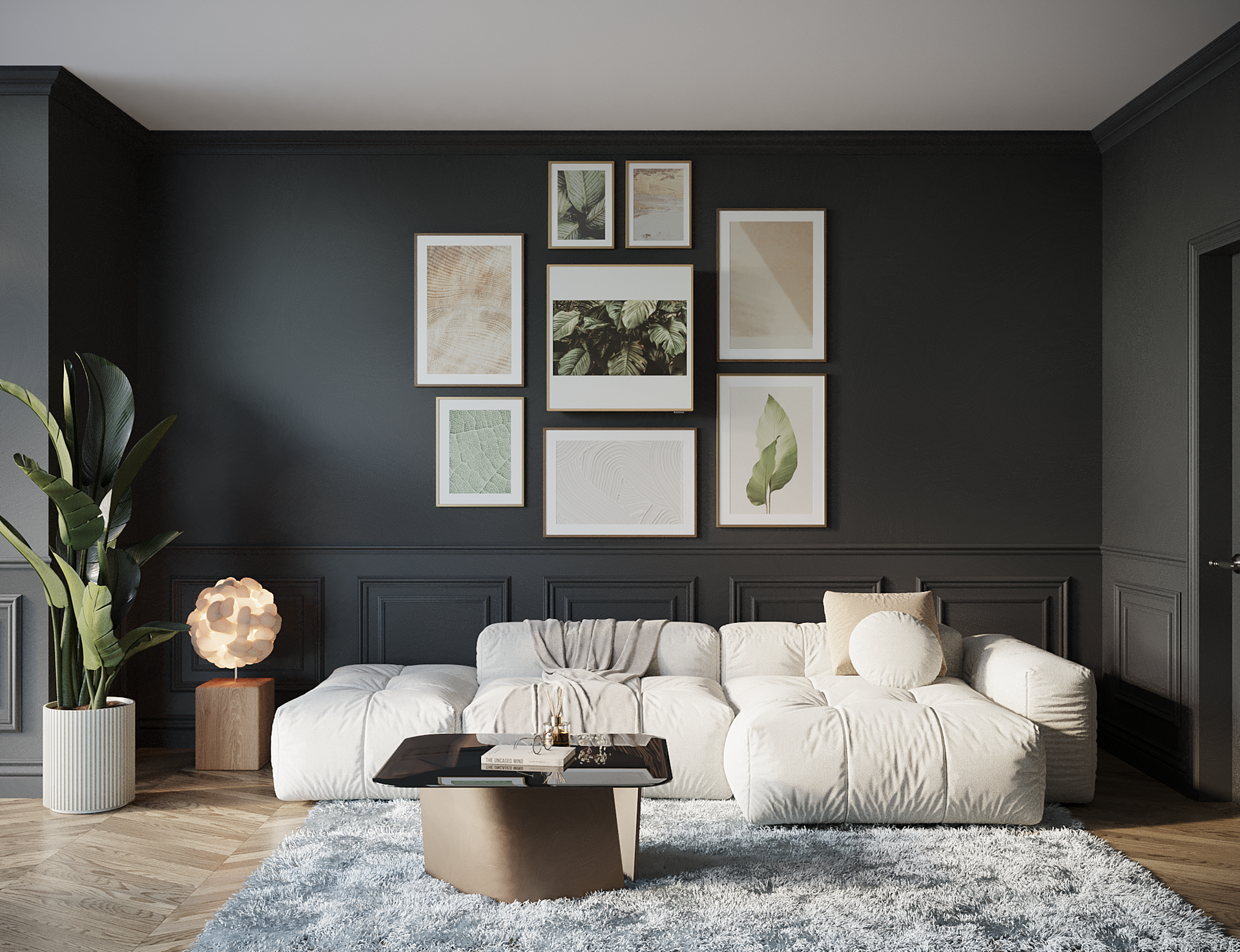 Wohnzimmer mit dunkelgrauen Wänden und vielen Bildern an der Wand