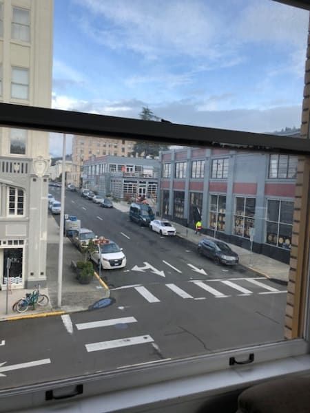 A view of a city street from a window