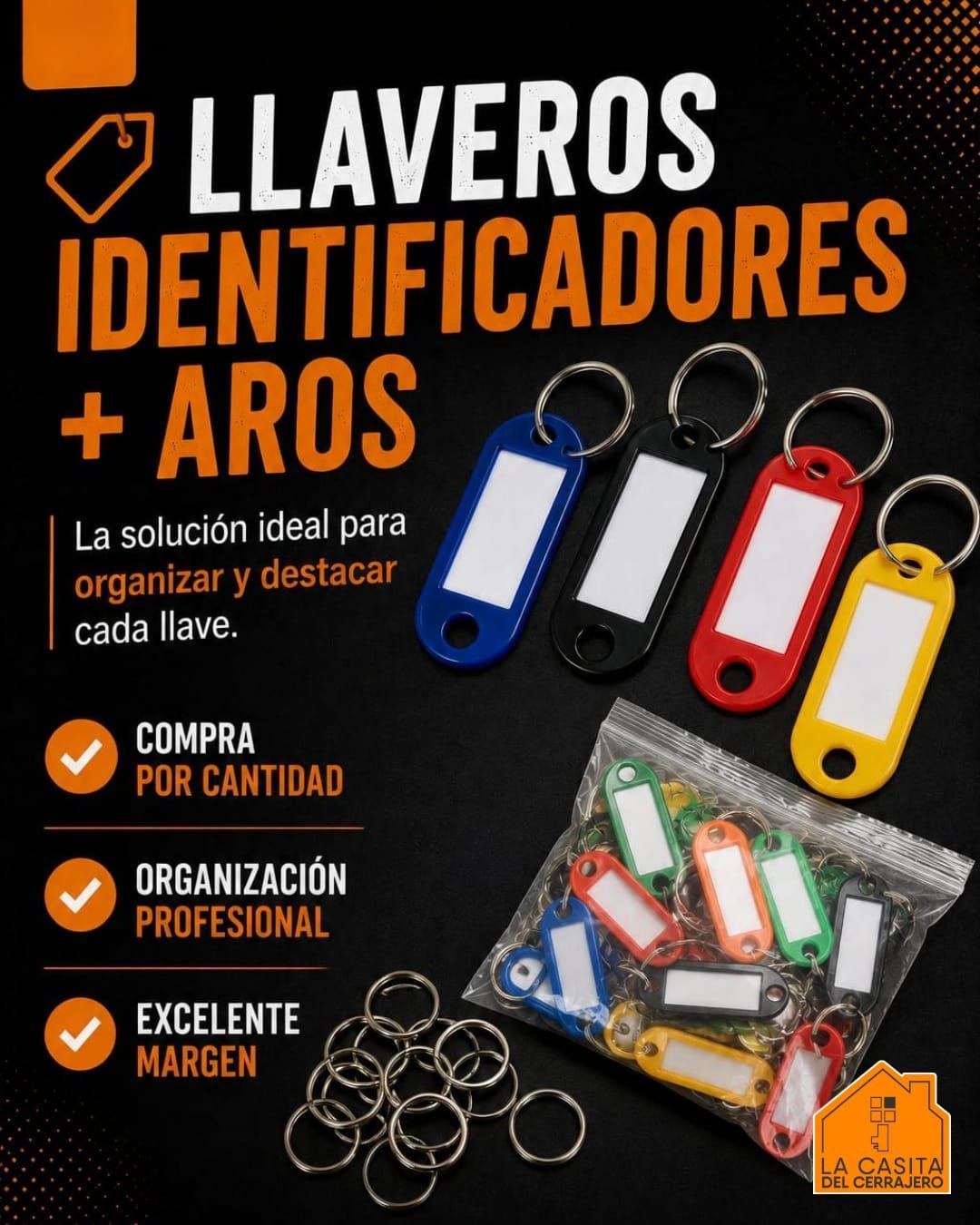 Llaveros identificadores de colores con anillas y accesorios, fondo negro con texto promocional en español
