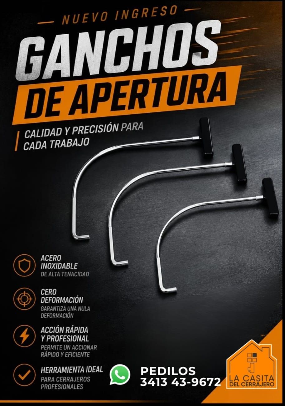 Gancho de apertura negro y metálico, anuncio en español con fondo oscuro y detalles naranjas, ideal para callos y precisión.