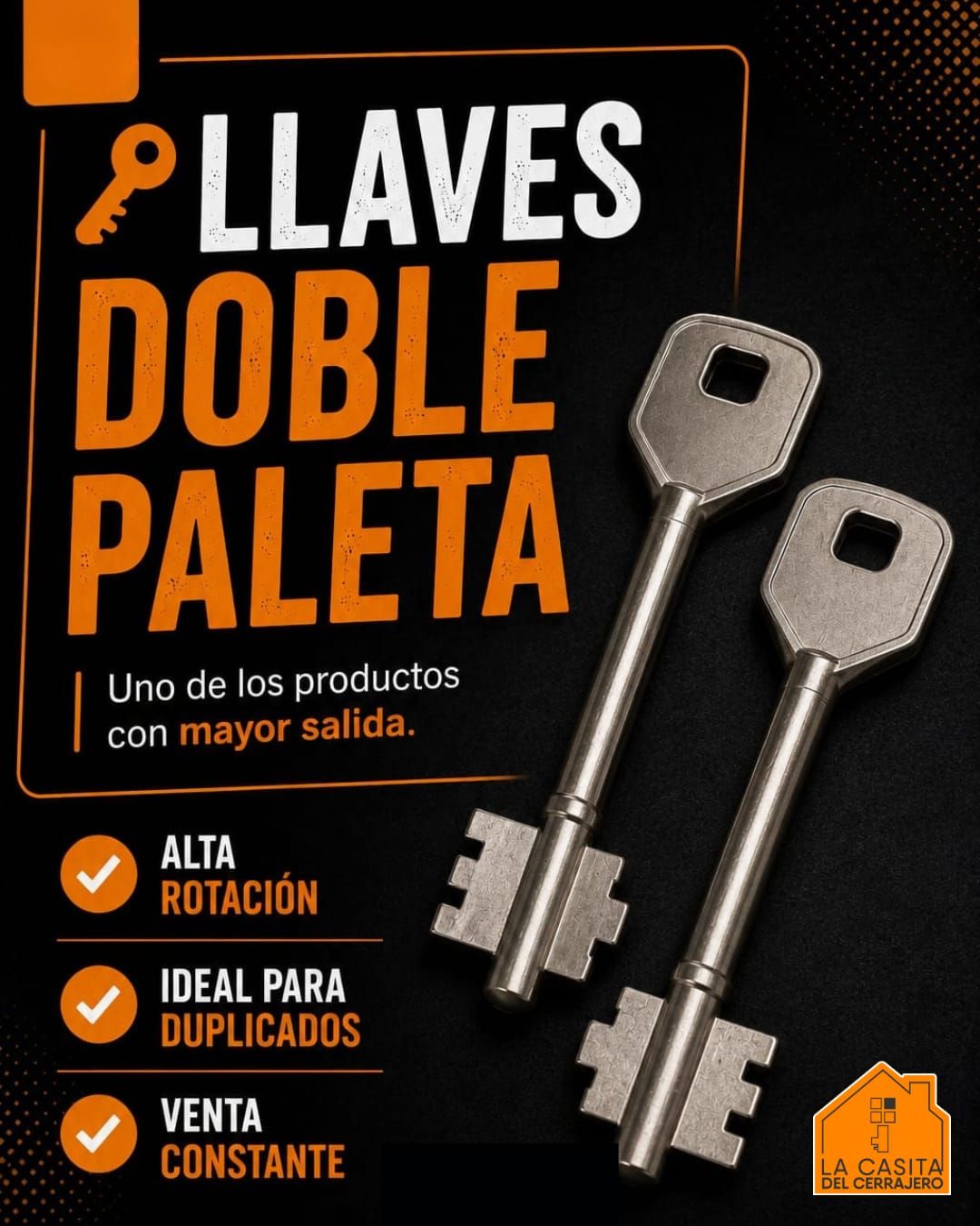 Llaves doble paleta plateadas sobre fondo negro con texto promocional naranja y blanco.