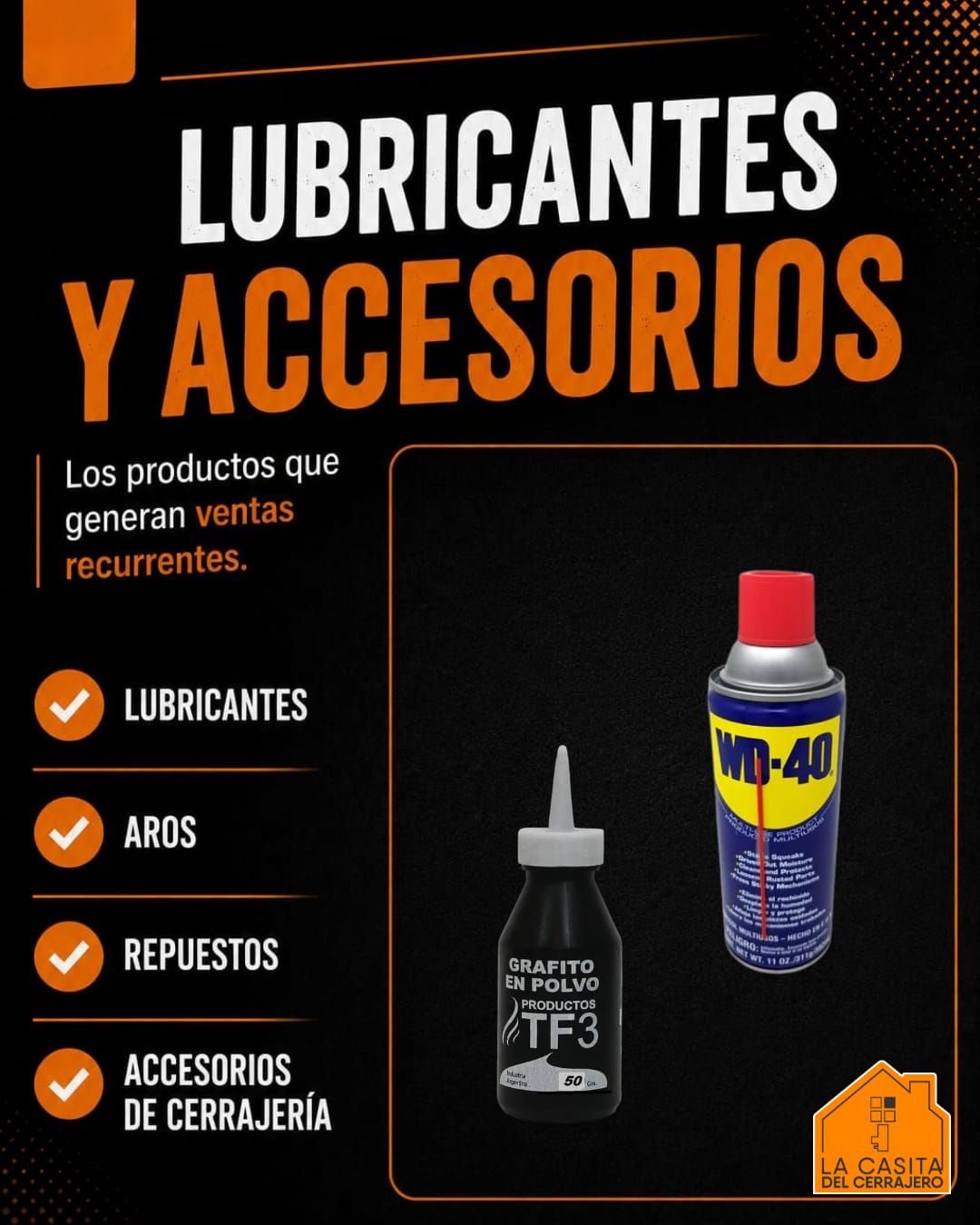 Anuncio de lubricantes y accesorios con dos envases y lista de productos en fondo negro y naranja