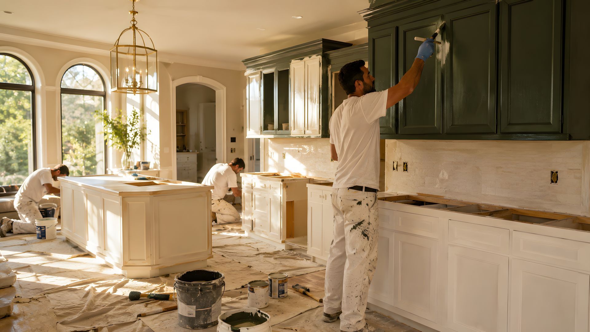 Modern minimalist kitchen with wood cabinetry, beige cabinets, and built-in sink under soft lighting Workers painting green kitchen cabinets in a bright, messy kitchen under renovation.