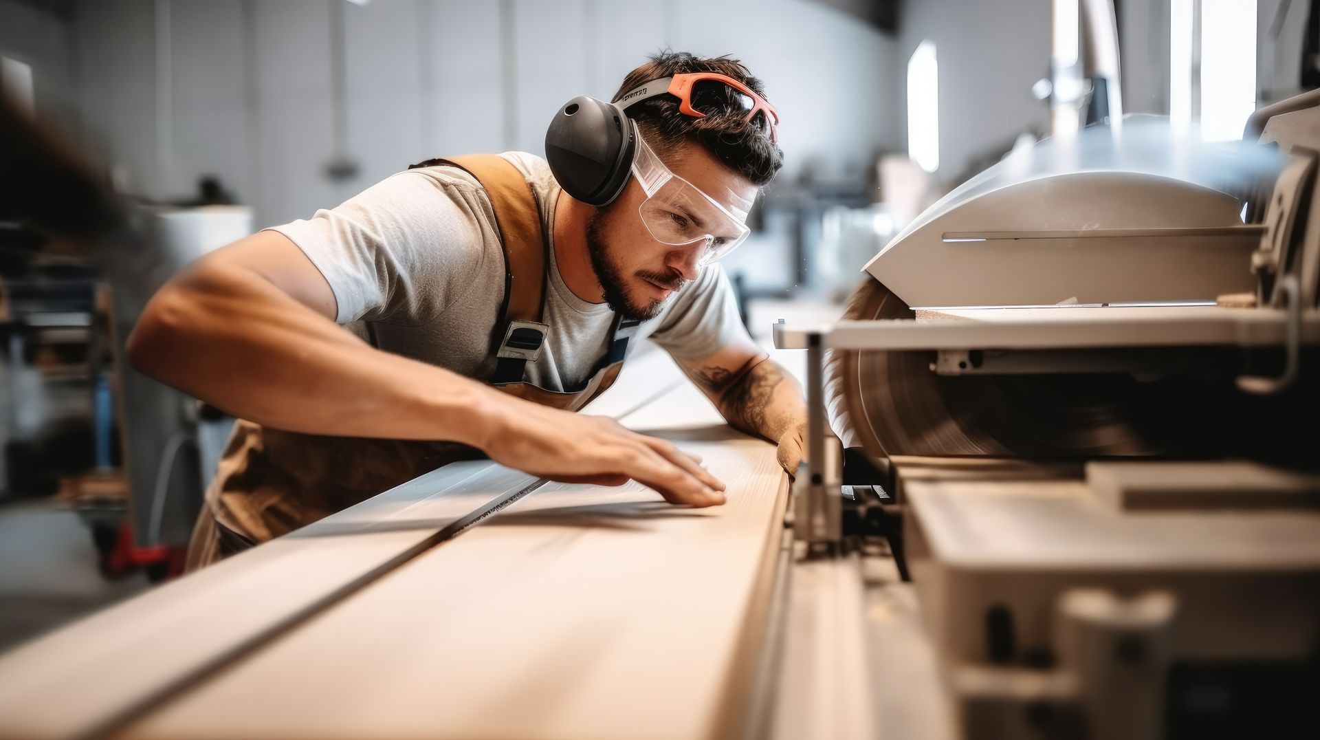 A cabinet makers guiding a wood panel through a table saw in safety goggles and earmuffs.