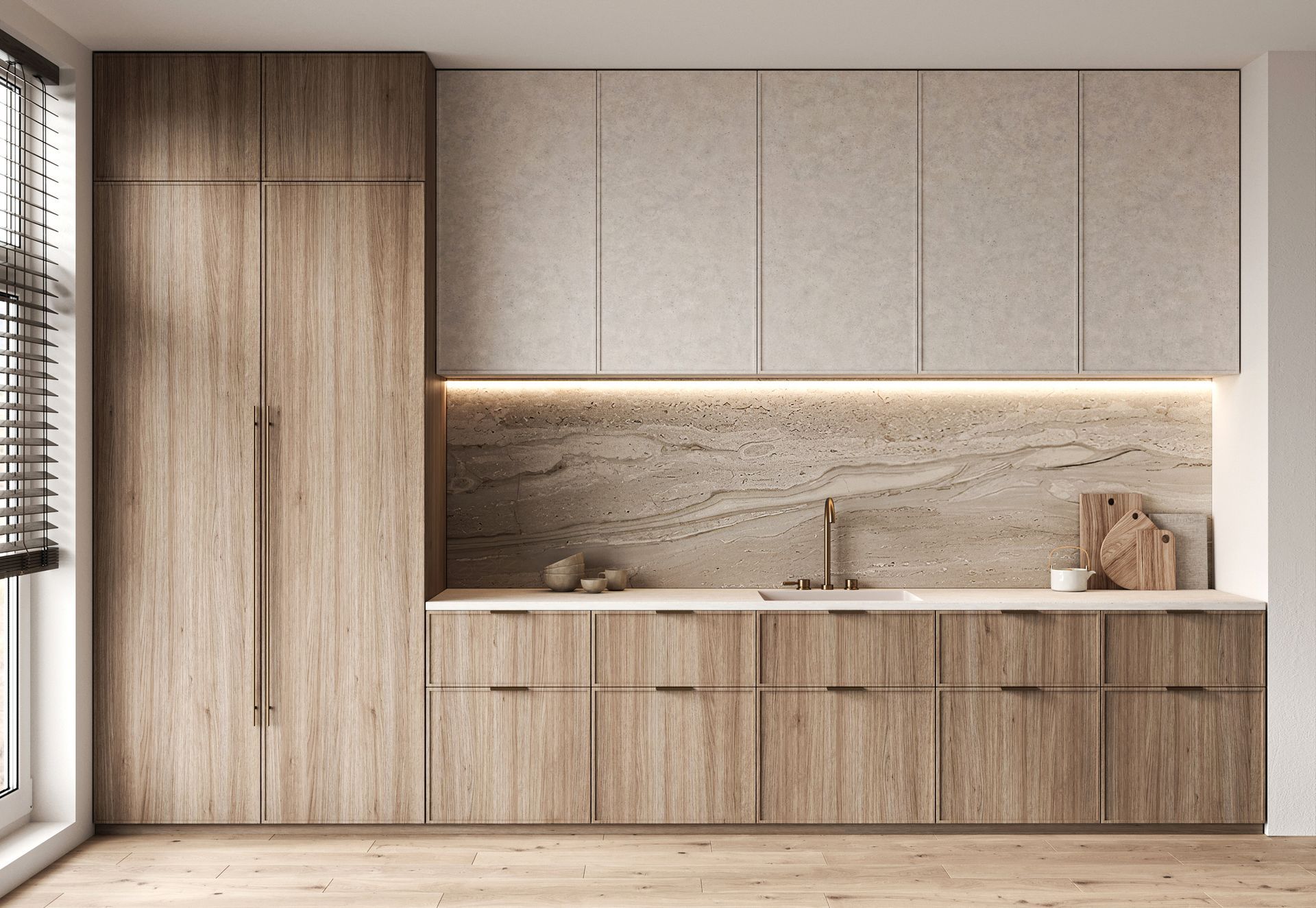 Modern minimalist kitchen with wood cabinetry, beige cabinets, and built-in sink under soft lighting Modern minimalist kitchen with wood cabinetry, beige cabinets, and built-in sink under soft lighting