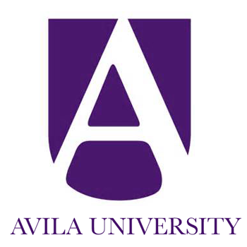 A purple and white logo for avila university