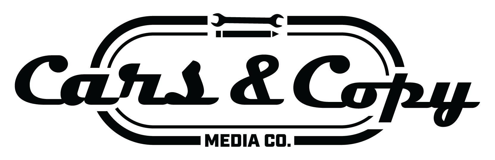 Cars & Copy logo with black text inside a black, racetrack-like oval. 