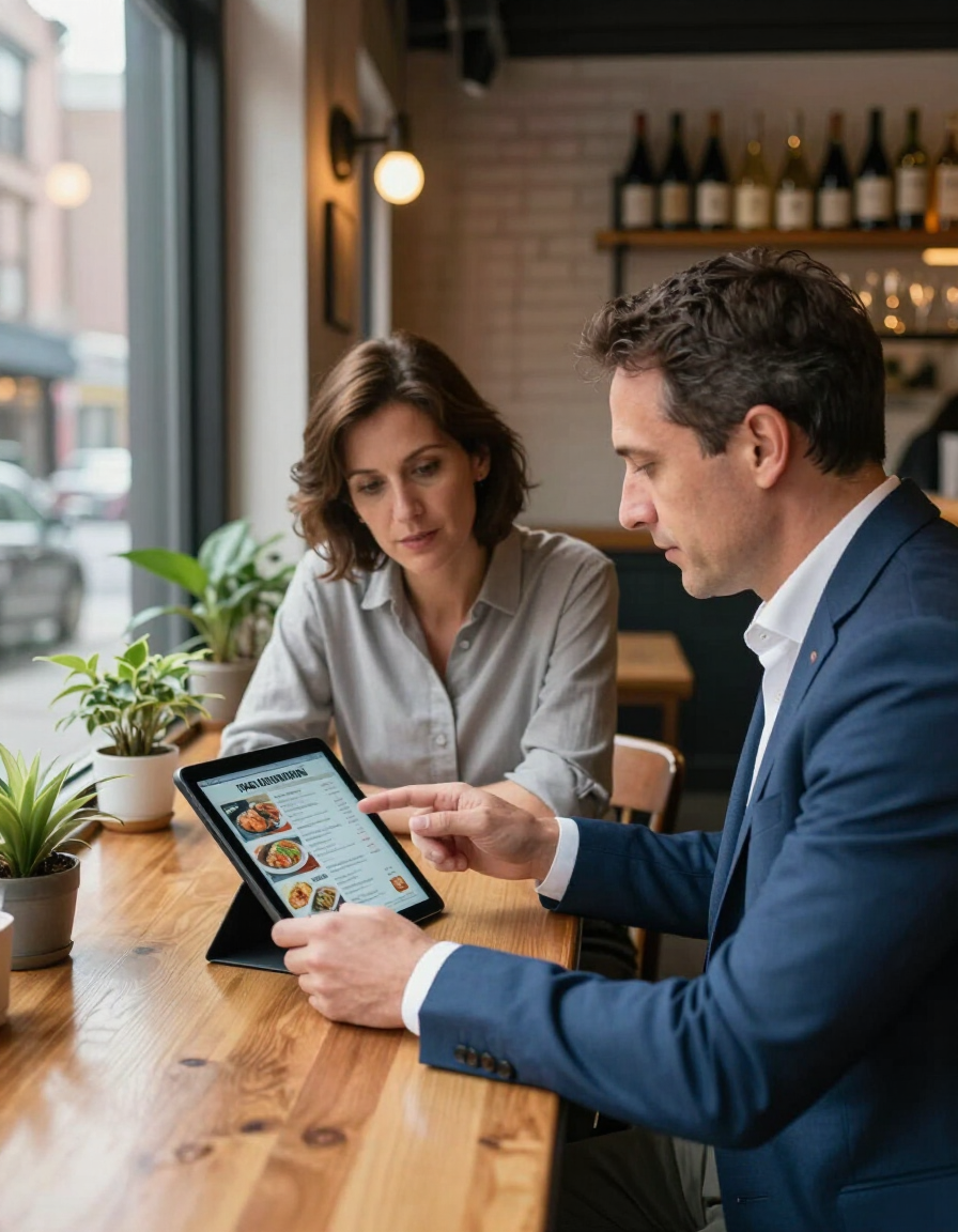 Two people review a tablet menu at a wooden cafe table with plants and bottles in the background.