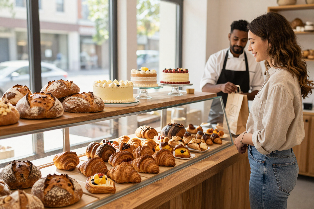 Two people browsing pastries at a bakery display case with breads, cakes, and croissants.