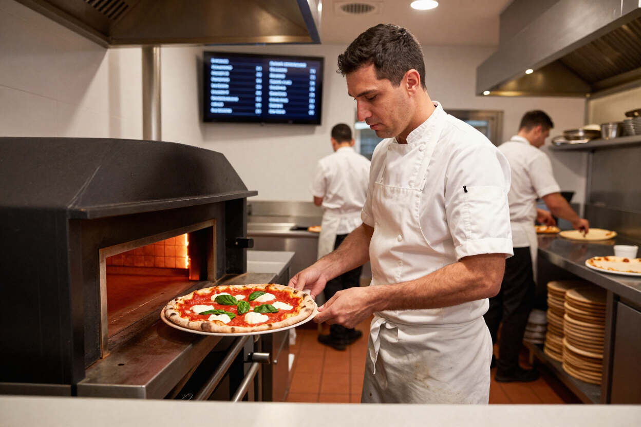 Chef placing a pizza into a wood-fired oven in a busy restaurant kitchen