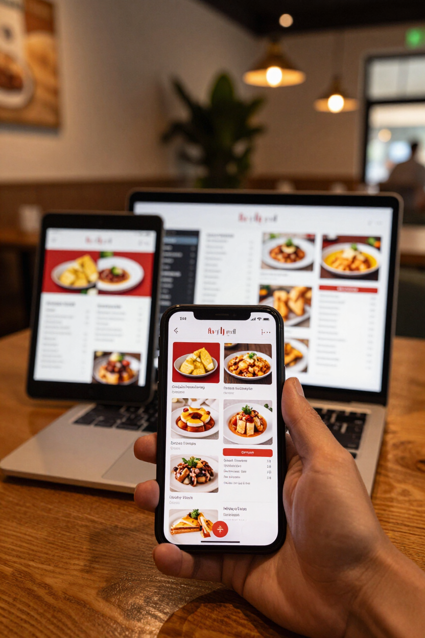 Hand holding a smartphone showing a restaurant menu, with a laptop displaying the same menu in a café.