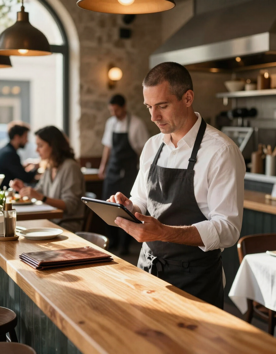 Waiter taking an order in a warm-lit restaurant, holding a tablet beside a wooden counter.