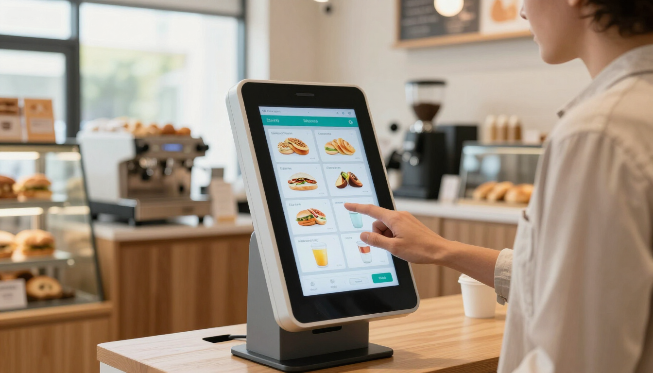 Person using a touchscreen restaurant kiosk to order food inside a café.
