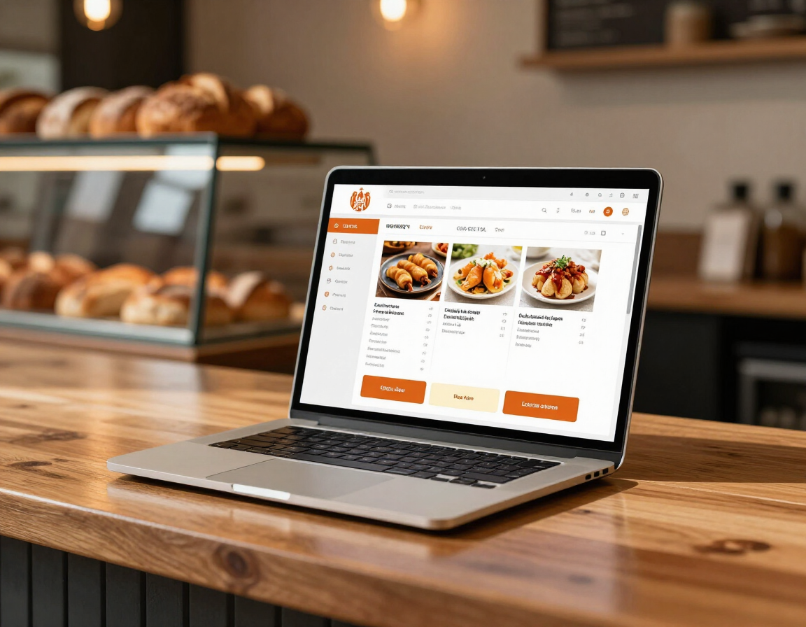 Laptop displaying online food ordering menu on a wooden table in a bakery cafe