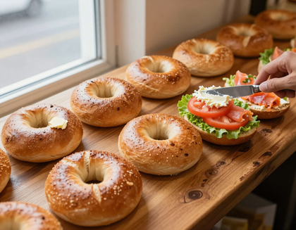 Fresh bagels on a wooden board by a window, with one being topped with tomatoes and greens by a hand