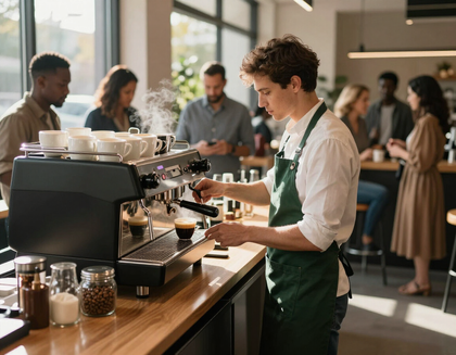 Barista in green apron making espresso at a café counter, with customers waiting in the background