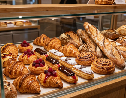 Assorted pastries and croissants displayed on a bakery counter under glass