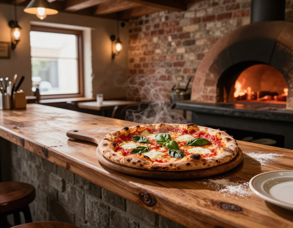 Wood-fired pizza on a rustic counter in a cozy brick oven kitchen