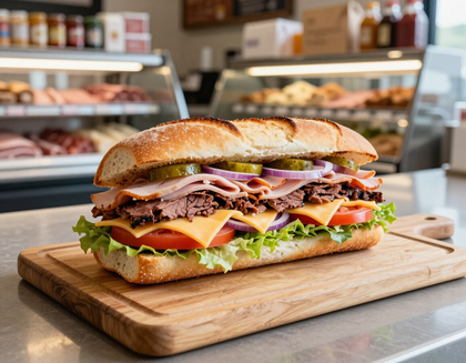 Close-up of a stacked deli sandwich on a wooden cutting board in a bakery or café display case