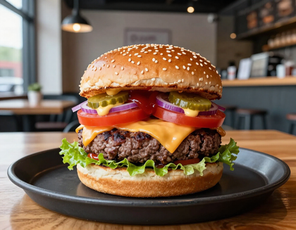 Sesame seed cheeseburger with lettuce, tomato, onion, and melted cheese on a black plate in a café