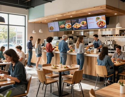 Busy modern café with customers ordering at the counter and seated at wooden tables.